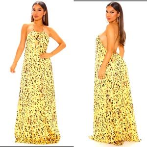 🐆 NWT BOHO LONG CHEETAH LEOPARD YELLOW BACKLESS MAXI HALTER LAYERED DRESS XL